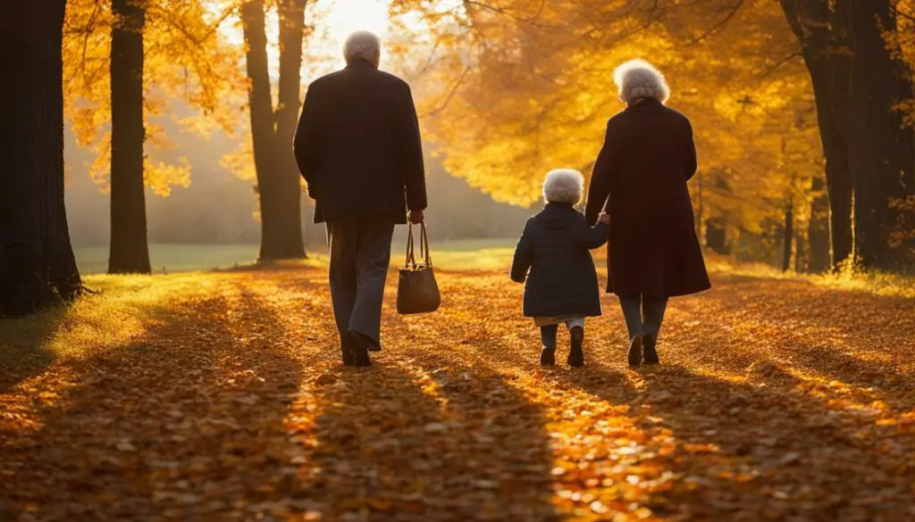 Elderly couple holding hands walking in the park.