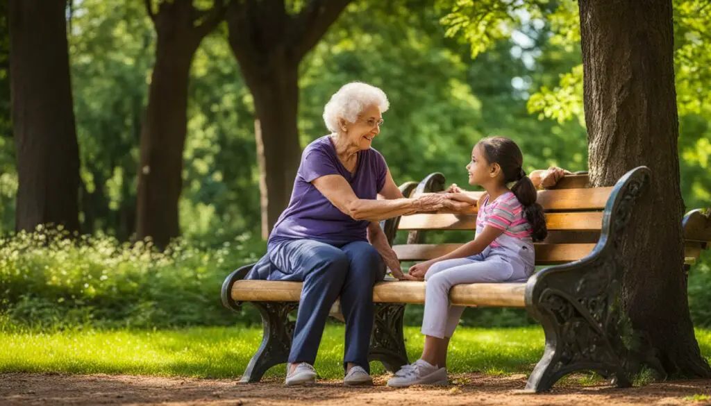Elderly woman and young girl sitting on a bench together