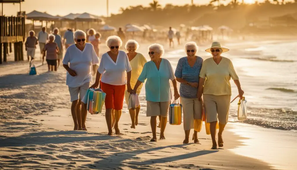 Florida senior citizens enjoying a walk on the beach