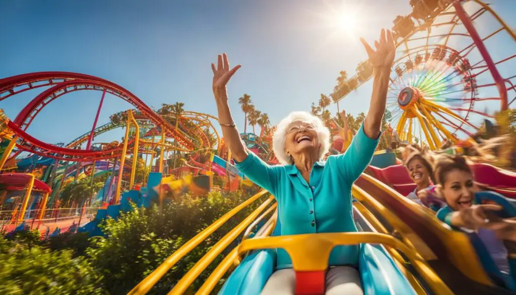 Senior citizen enjoying a rollercoaster at a theme park