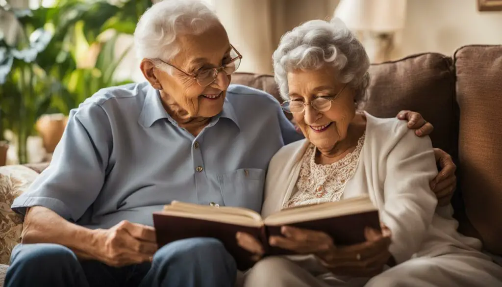 Senior citizens looking at a photo album