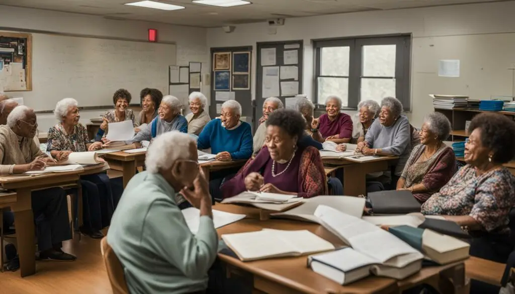 Senior citizens taking a college course in Massachusetts.