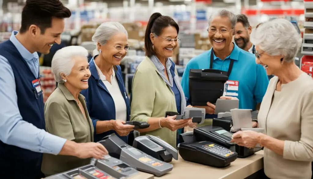 Senior couple smiling while working in a Costco store