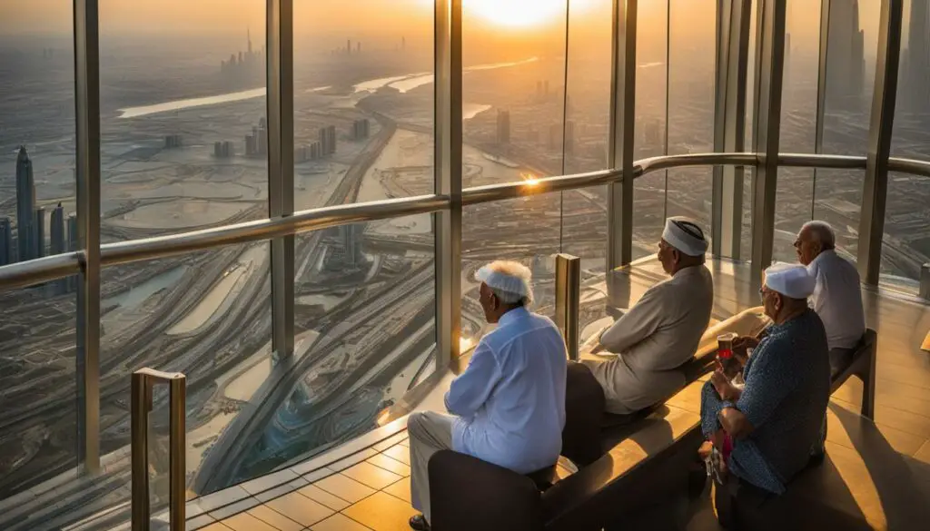 Senior visitors enjoying the views from the top of Burj Khalifa