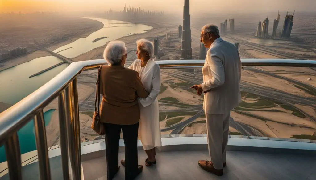 senior citizen enjoying the view from Burj Khalifa