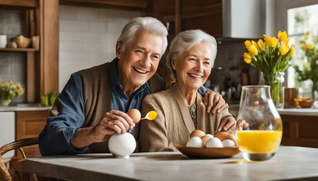 senior couple peeling eggs